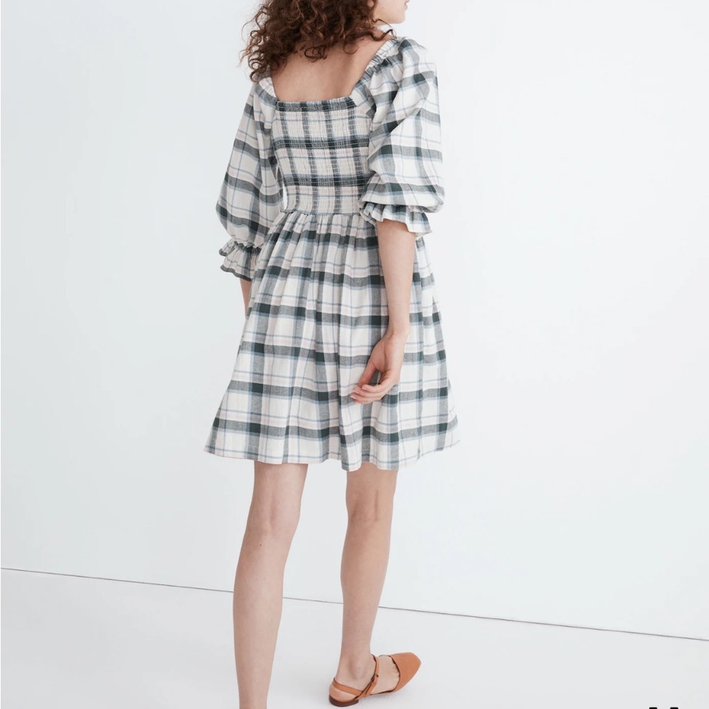 Madewell Women’s Lucie Elbow-Sleeve Smocked Mini Dress in Lebaum Plaid Small S - Picture 3 of 11
